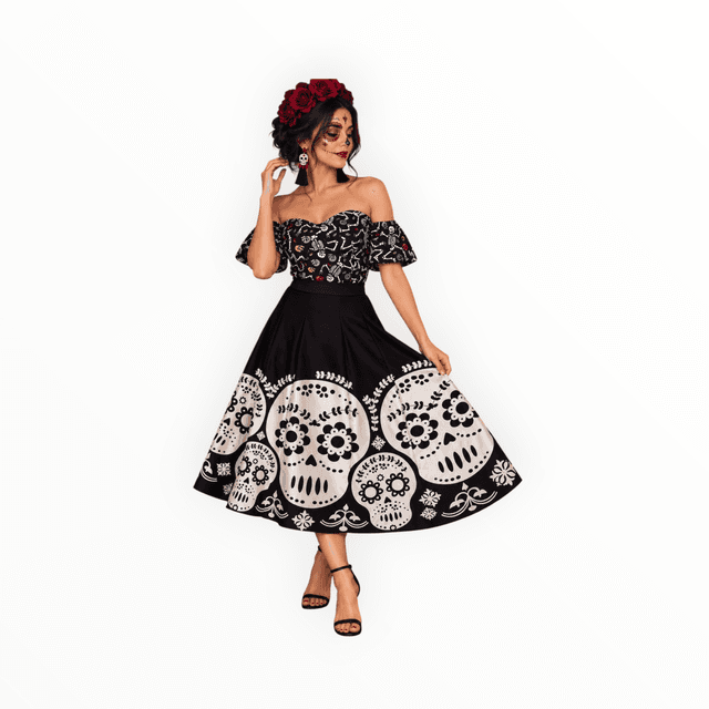 Conjunto Falda Midi Negra Y Crop Top Catrina Día De Muertos