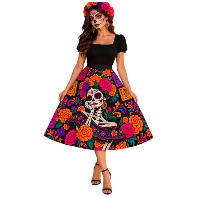 Falda Midi de Día de Muertos con Estampado de Catrina y Flores