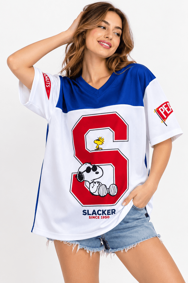 Jersey Snoopy Peanuts Oversize Dama Azul Blanco Playera